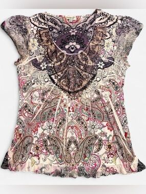 Y2K 2000s Whimsigoth Boho Paisley Scoop Neck Flutter Sleeve Top